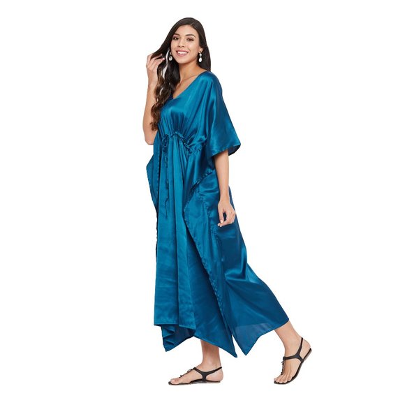 Womens Kaftan Dresses Solid Satin Drawstring Maxi Plus Size Dress for Nighty - Picture 5 of 10